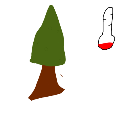 a tree in the snow next to a thermometer showing a low temperature.